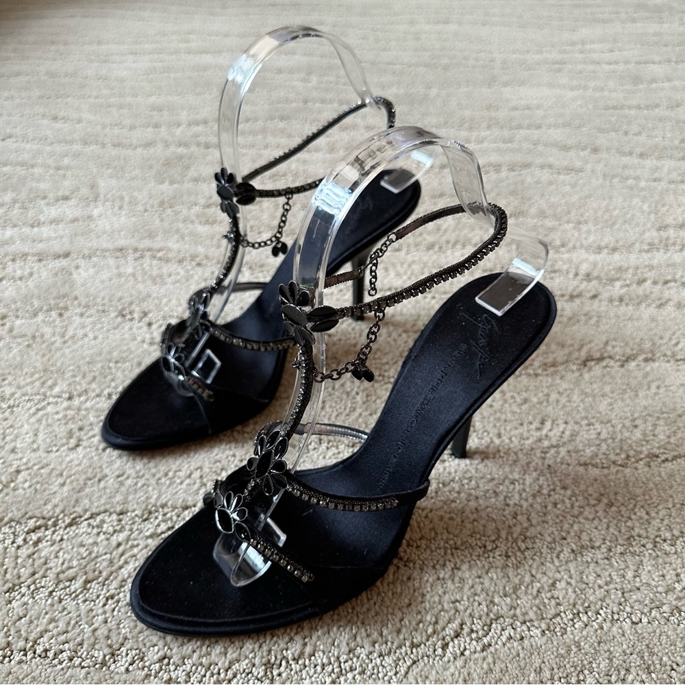 Giuseppe Zanotti Black Satin Rhinestone Enamel Anklet Heel Sandals IT 38.5 NIB - Picture 4 of 17